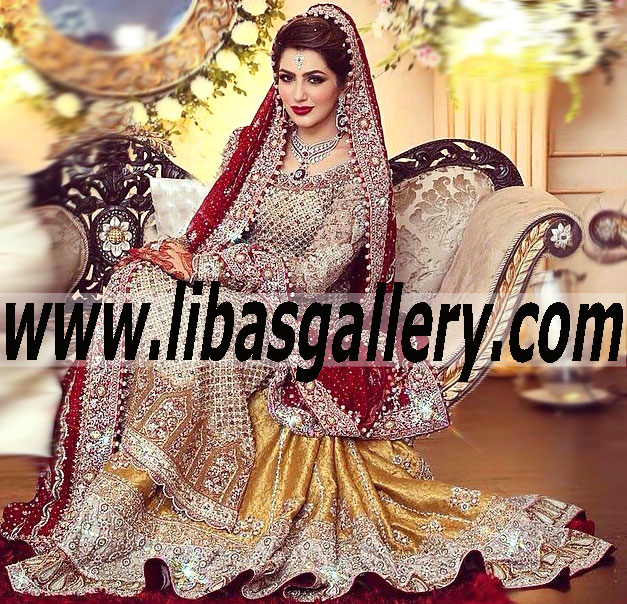 Dr Haroon Stani Designer Wedding Dresses Spectacular Bridal Wear In Yellow Gold Color With Banarasi Jamawar Lehenga