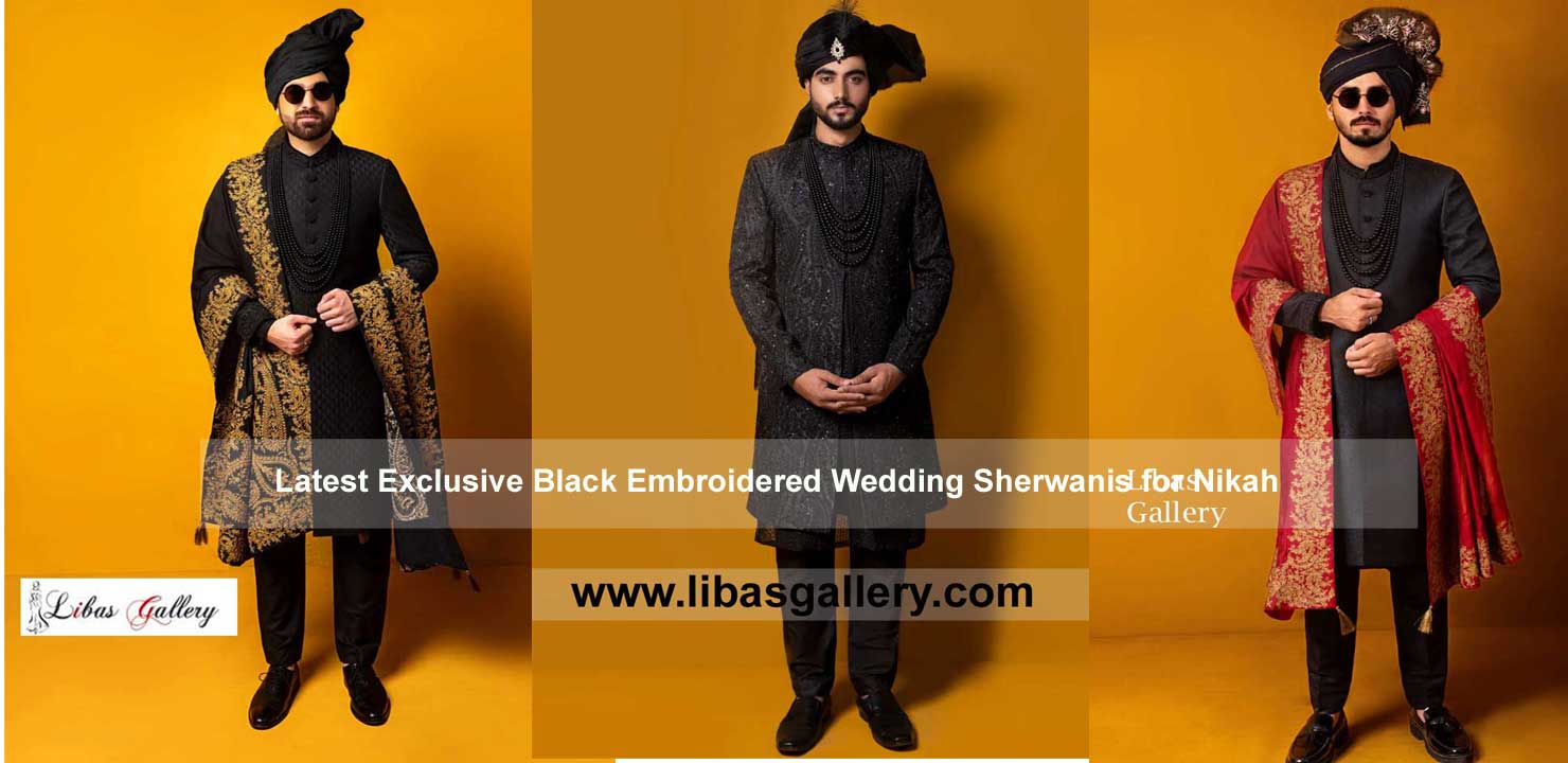 Exclusive black embroidered Groom wedding sherwanis for Nikah day with turban inner shoes UK USA Canada Australia Dubai
