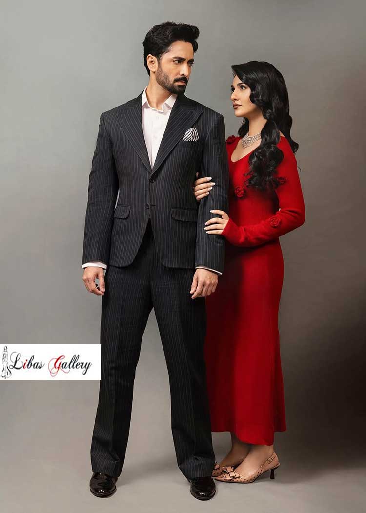 Men 2pc Suit made by Black Stripe Italian Fabric for Party and Occasion Danish Taimoor wearing with Sara khan UK USA Canada Australia Dubai