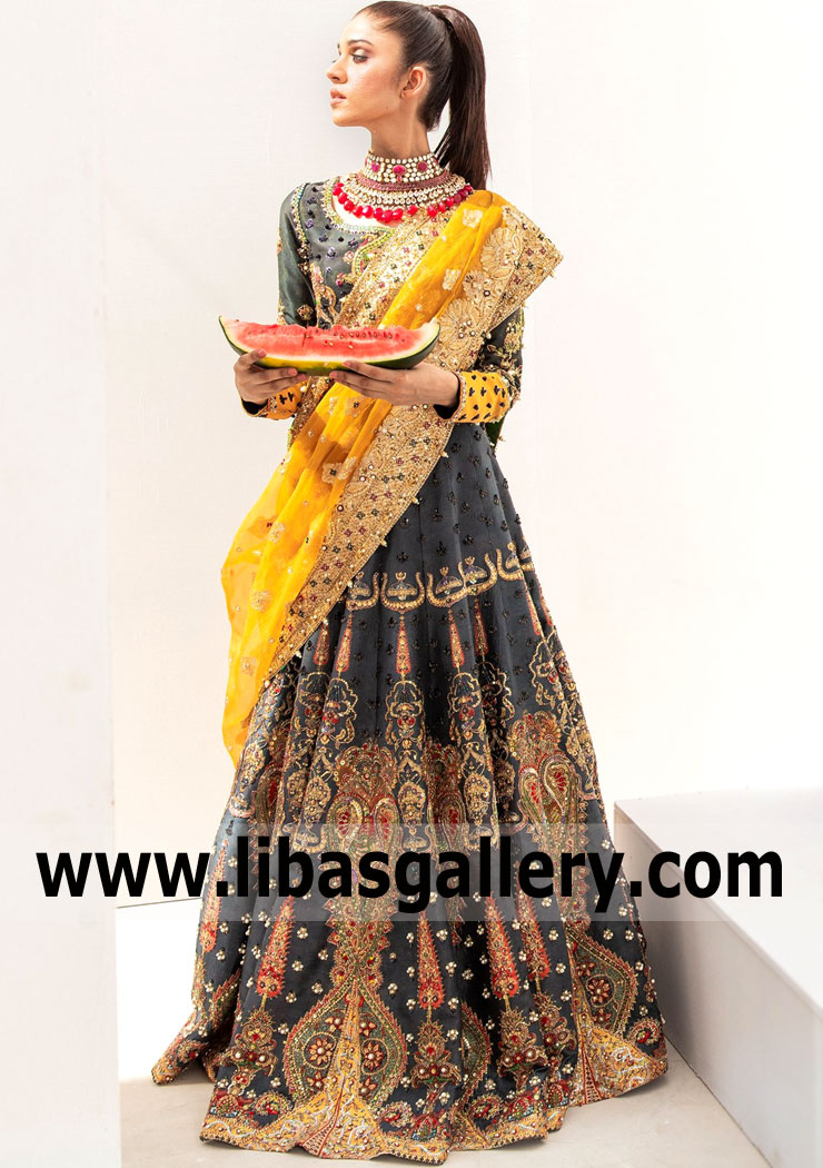 Charcoal Golden Monarda Lehenga for Walima