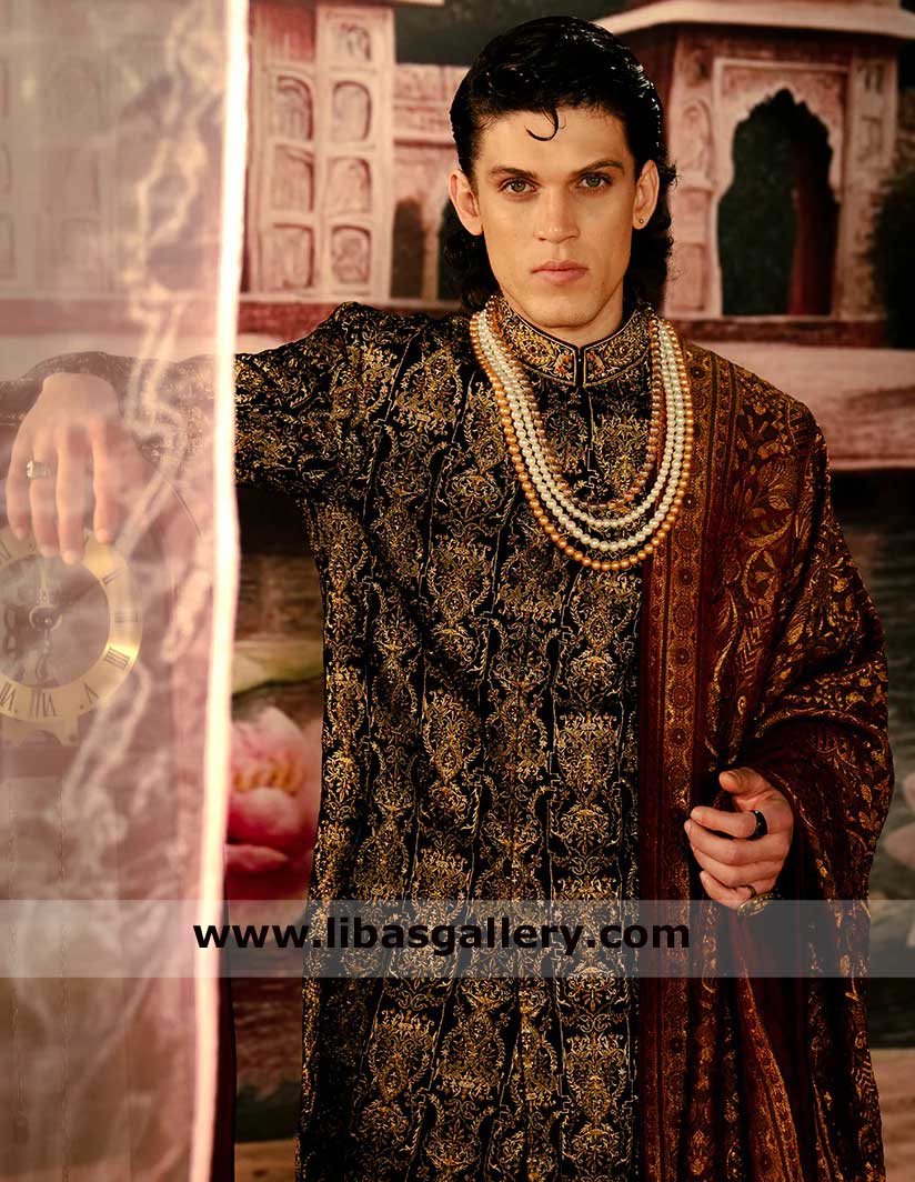 Black Gold Premium Velvet Groom Wedding Sherwani