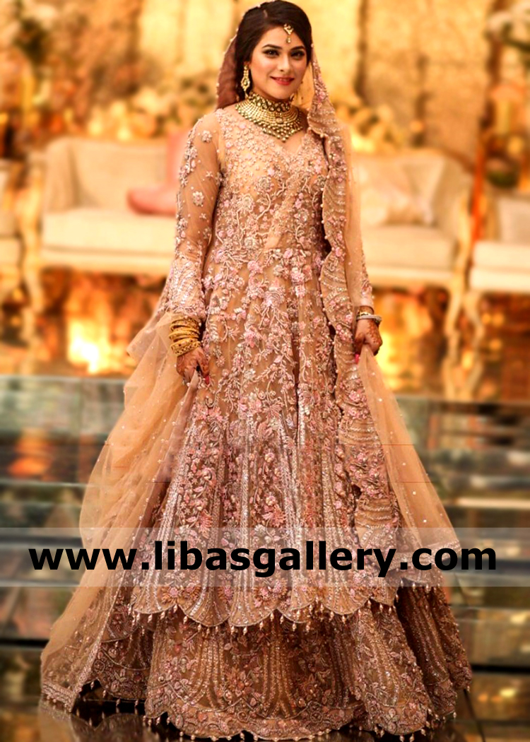 Peach Orange Flora Anarkali Lehenga