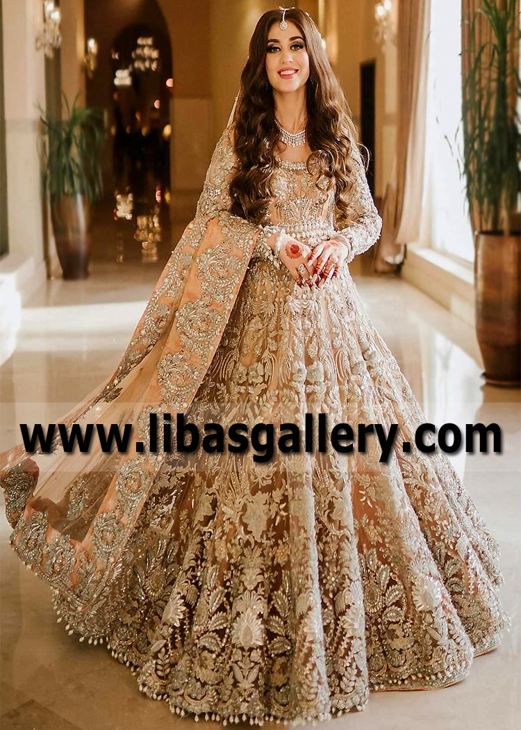 Supremely Stylish Peach Puff Wedding Gown for Reception