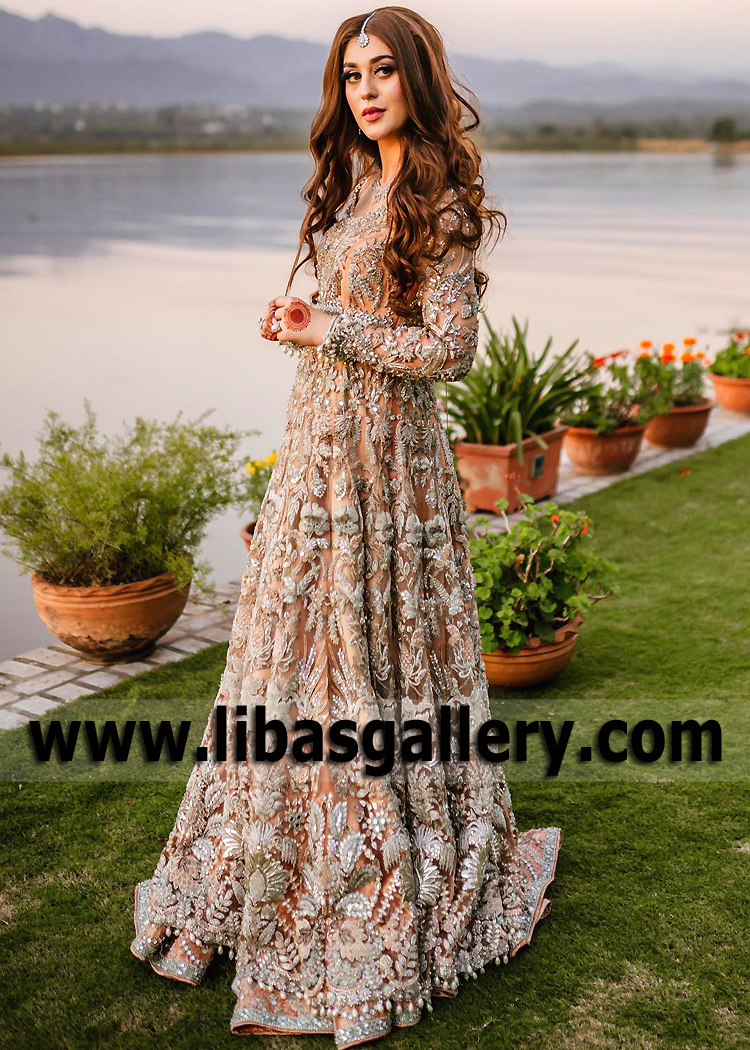 Supremely Stylish Peach Puff Wedding Gown for Reception