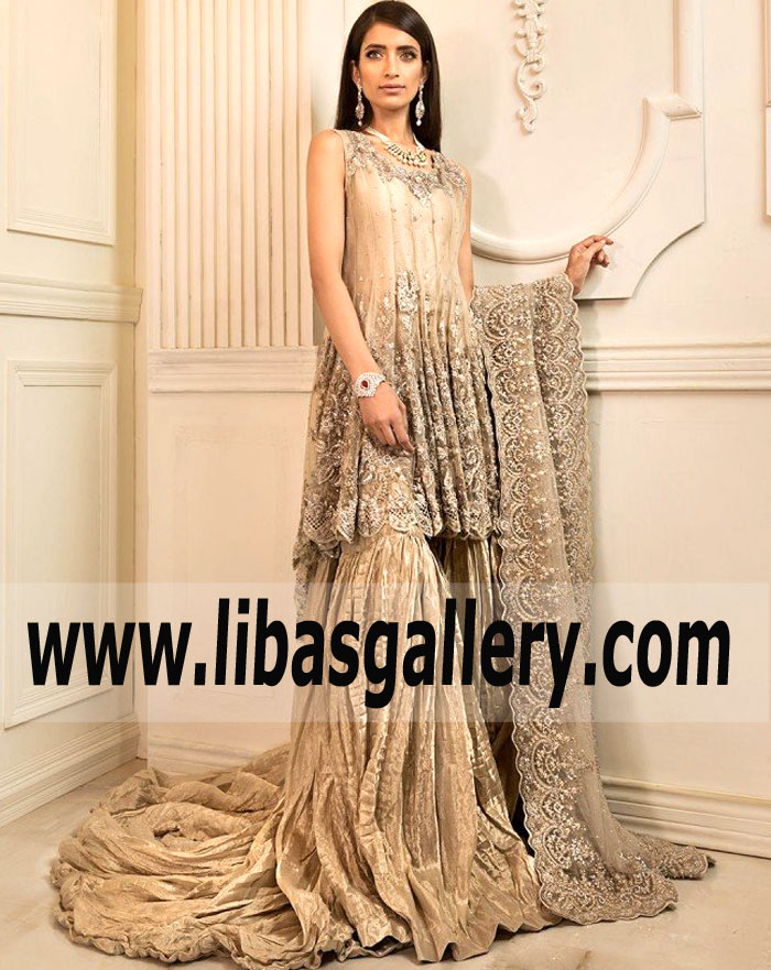 Miraculous Beige Anarkali Peplum Bridal Dress for Recepiton