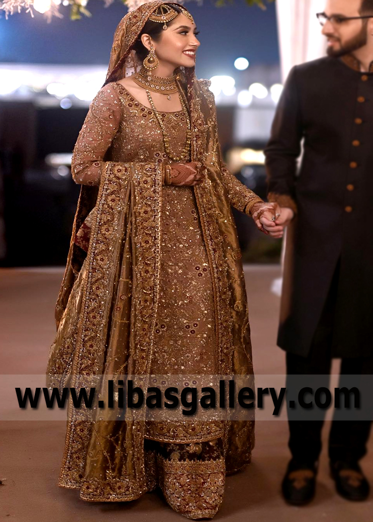 Copper Gold Ovule Bridal Lehenga for Walima