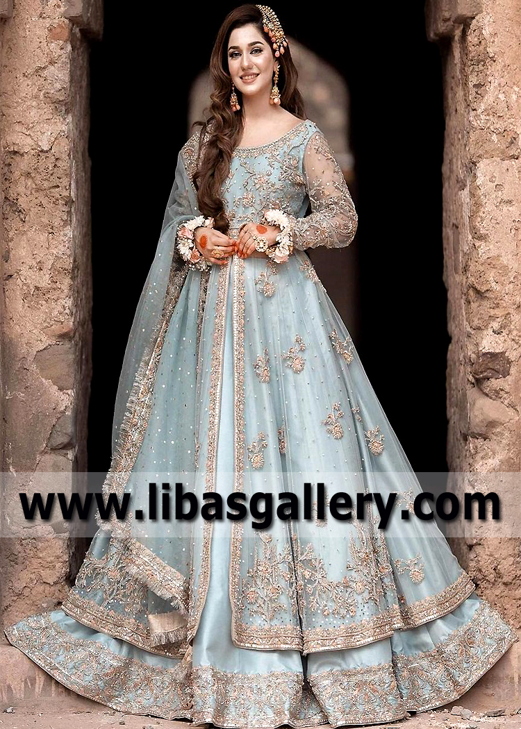 Ice Blue Alcea Peshwas Bridal Dress for Nikah