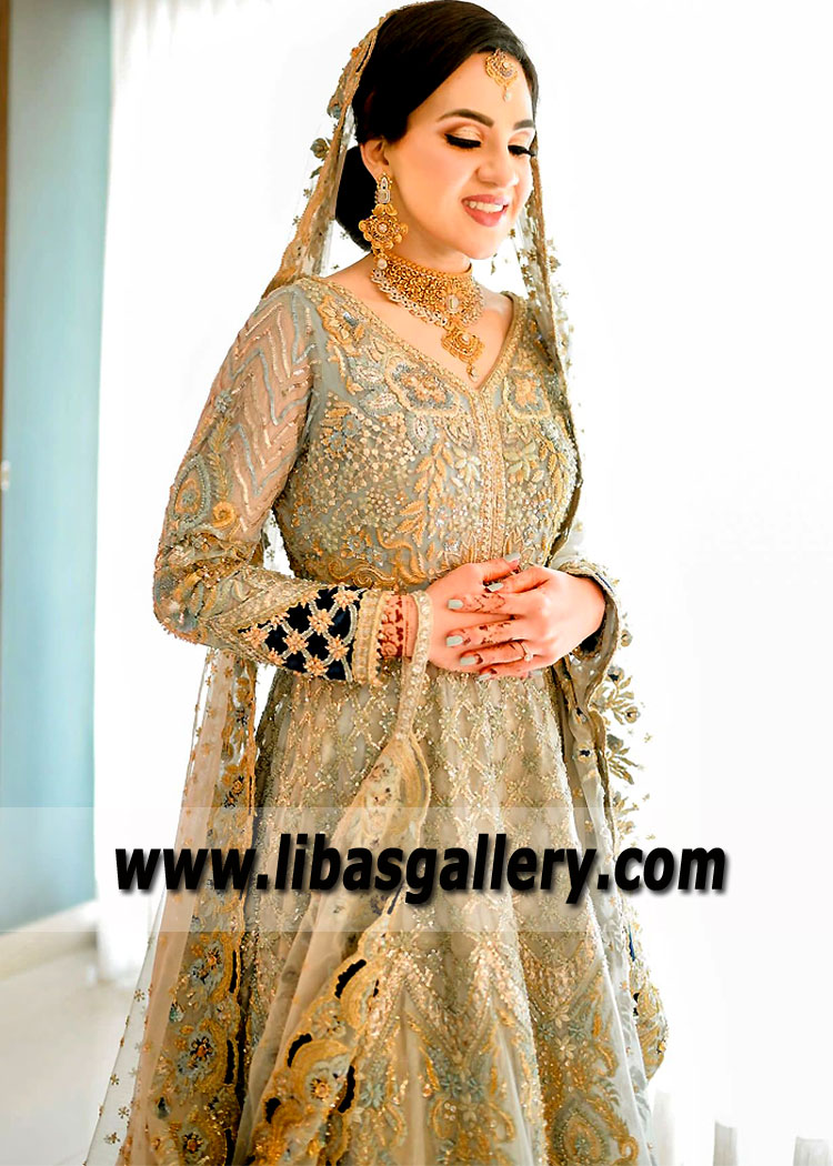 White Smoke Bergenia Wedding Gown Lehenga