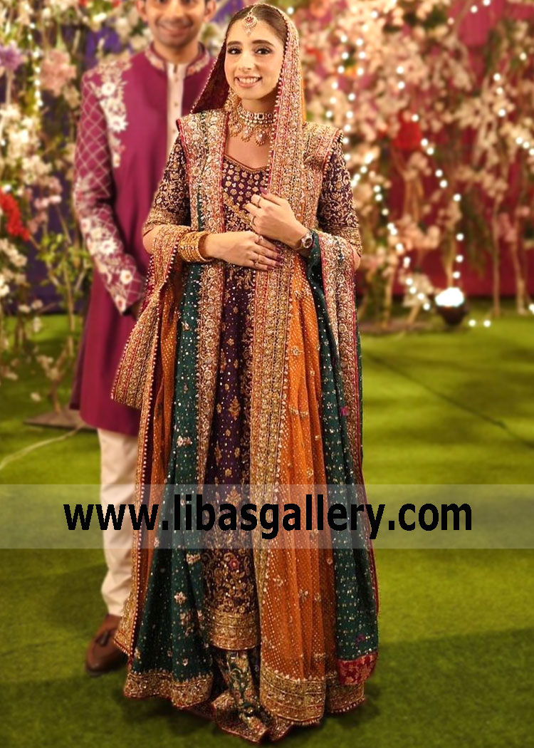 Purple Green Pansy Bridal Mehendi Lehenga