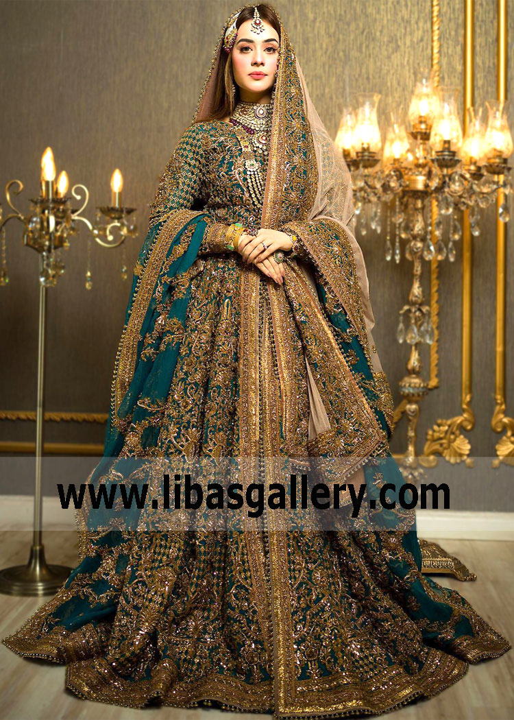 Dark Cyan Serruria Bridal Wear Anarkali Lehenga