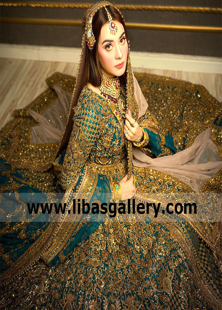 Dark Cyan Serruria Bridal Wear Anarkali Lehenga