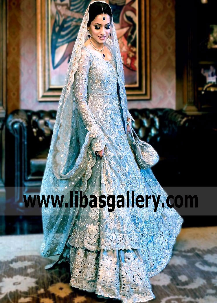 Baby Blue Lotus Bridal Pishwas with Lehenga