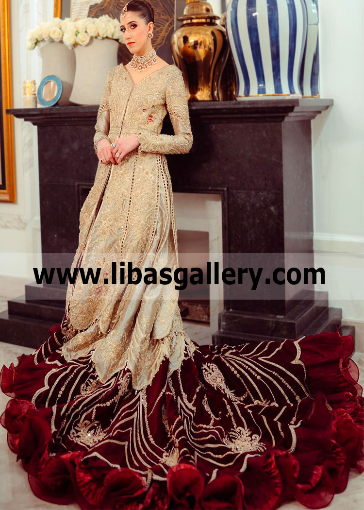 Champagne Maroon Dhalia Wedding Dress with Long Train