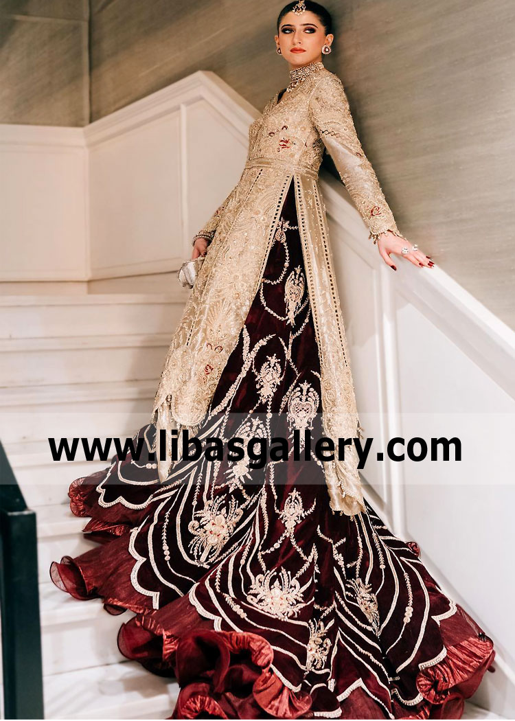 Champagne Maroon Dhalia Wedding Dress with Long Train