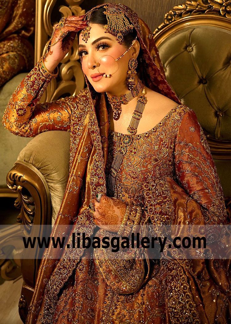 Metallic Gold Copper Anemone Walima Bridal Dress