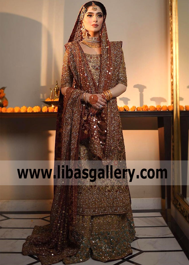 Antique Brass Burnt Orange Genista Bridal Wear Lehenga