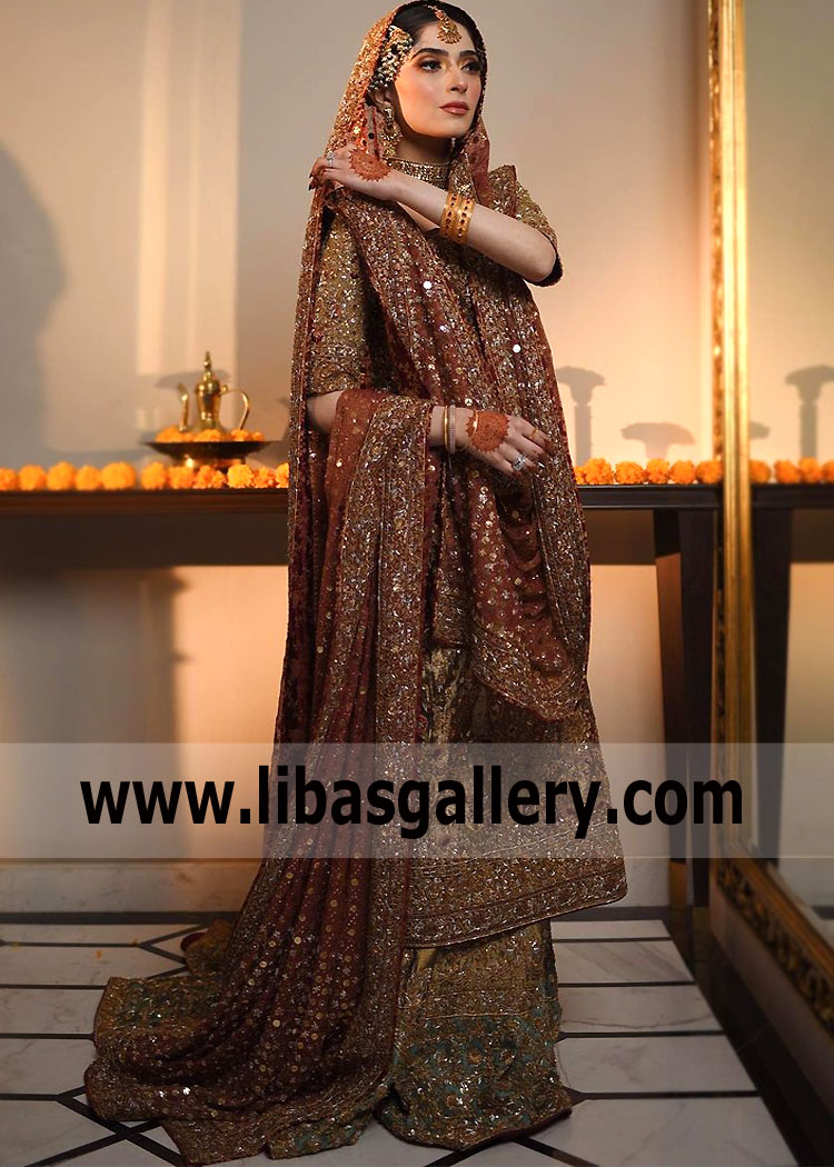 Antique Brass Burnt Orange Genista Bridal Wear Lehenga