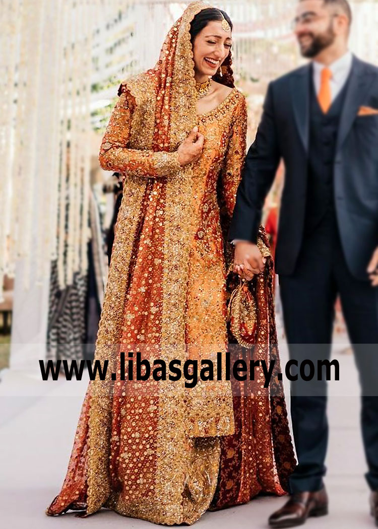 Coral Gold Freesia Bridal Wear Farshi Lehenga