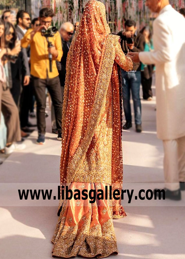 Coral Gold Freesia Bridal Wear Farshi Lehenga
