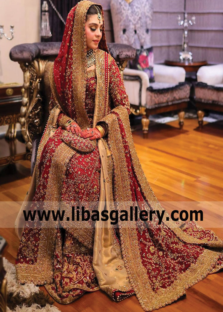 Red Golden Long Kameez Lehenga Pakistani Wedding Dress