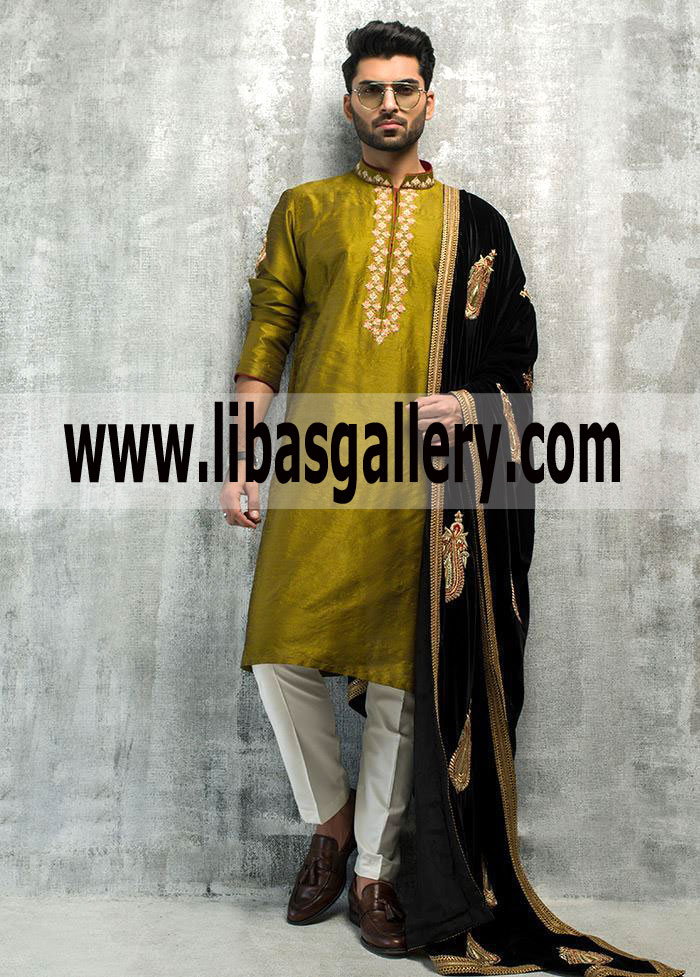 Mehndi Kurta Green with Black Embroidered Shawl for Men