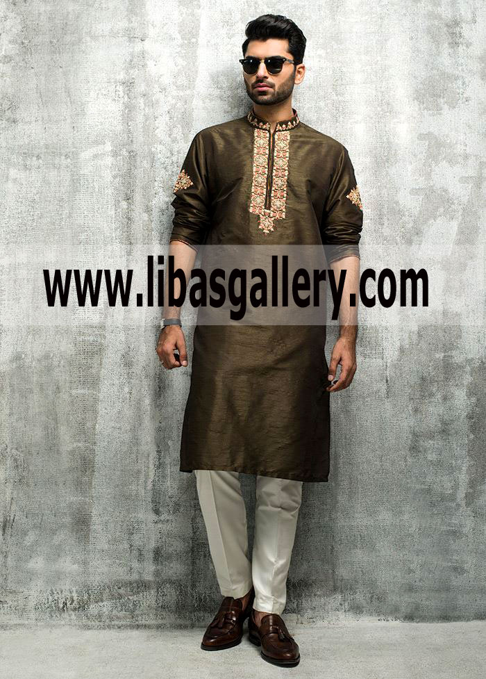 Dark Color Embroidered Kurta Pajama 