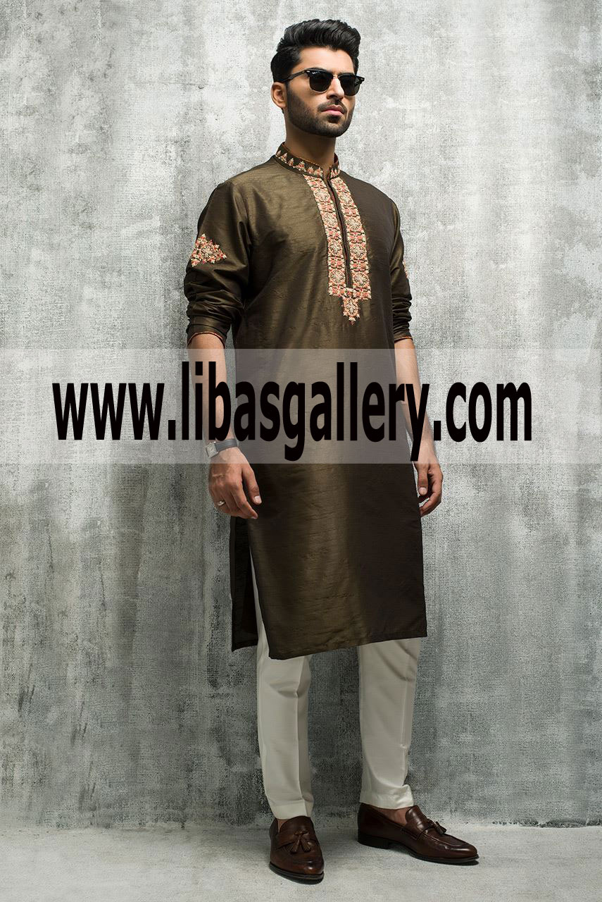 Dark Color Embroidered Kurta Pajama 