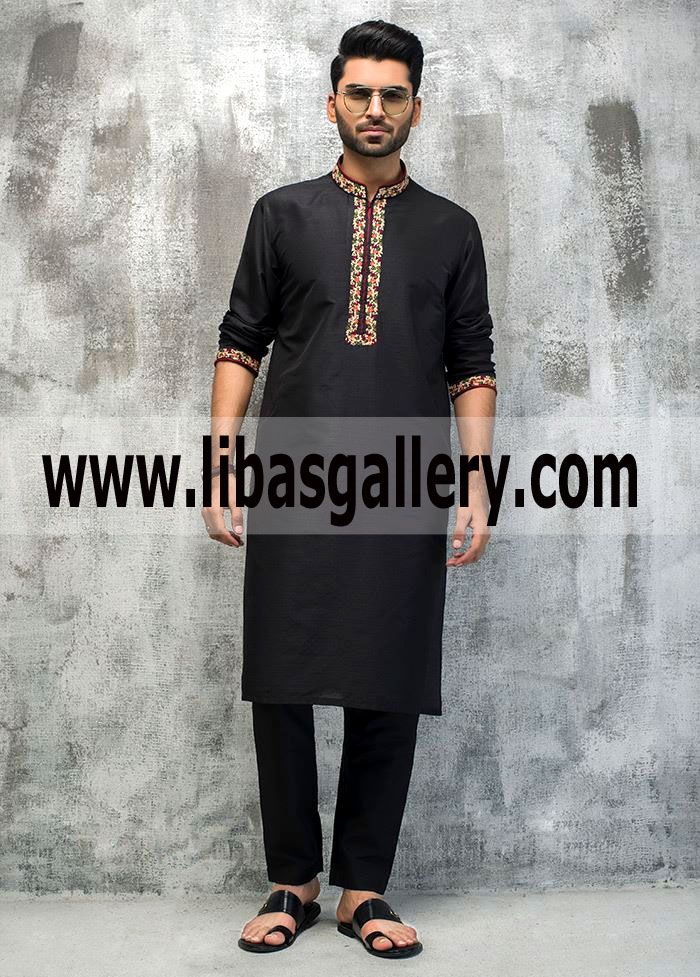Smart Fit Black Embroidered Kurta Pajama