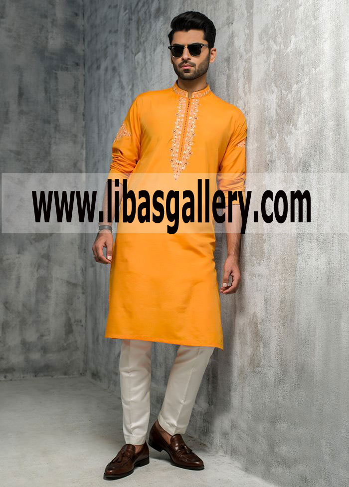 Mango Color Mayoon Embroidered Men`s Kurta White pajama Eid Wear Asia Europe South America Australia Mango Color Mayoon Embroidered Men`s Kurta White pajama Eid Wear Asia Europe South America Australia