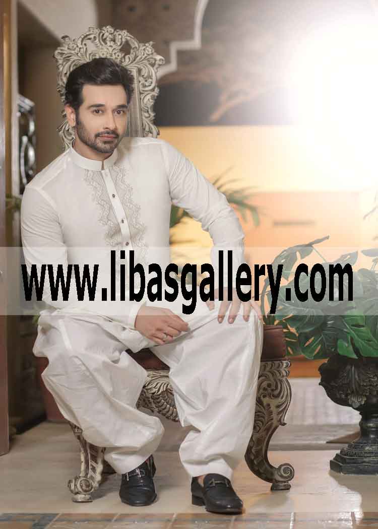 Off White Embroidered Kurta for Men