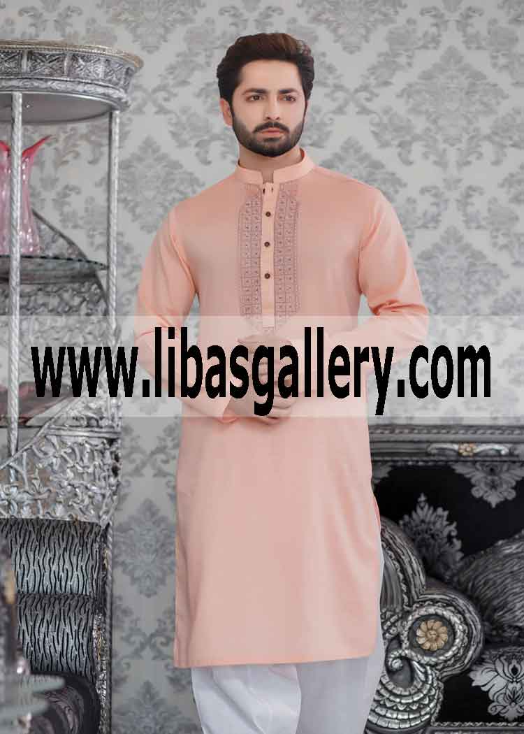 Men`s wear Pakistan peach Embroidered kurta front regular and slim fit perth sydney Australia Men`s wear Pakistan peach Embroidered kurta front regular and slim fit perth sydney Australia