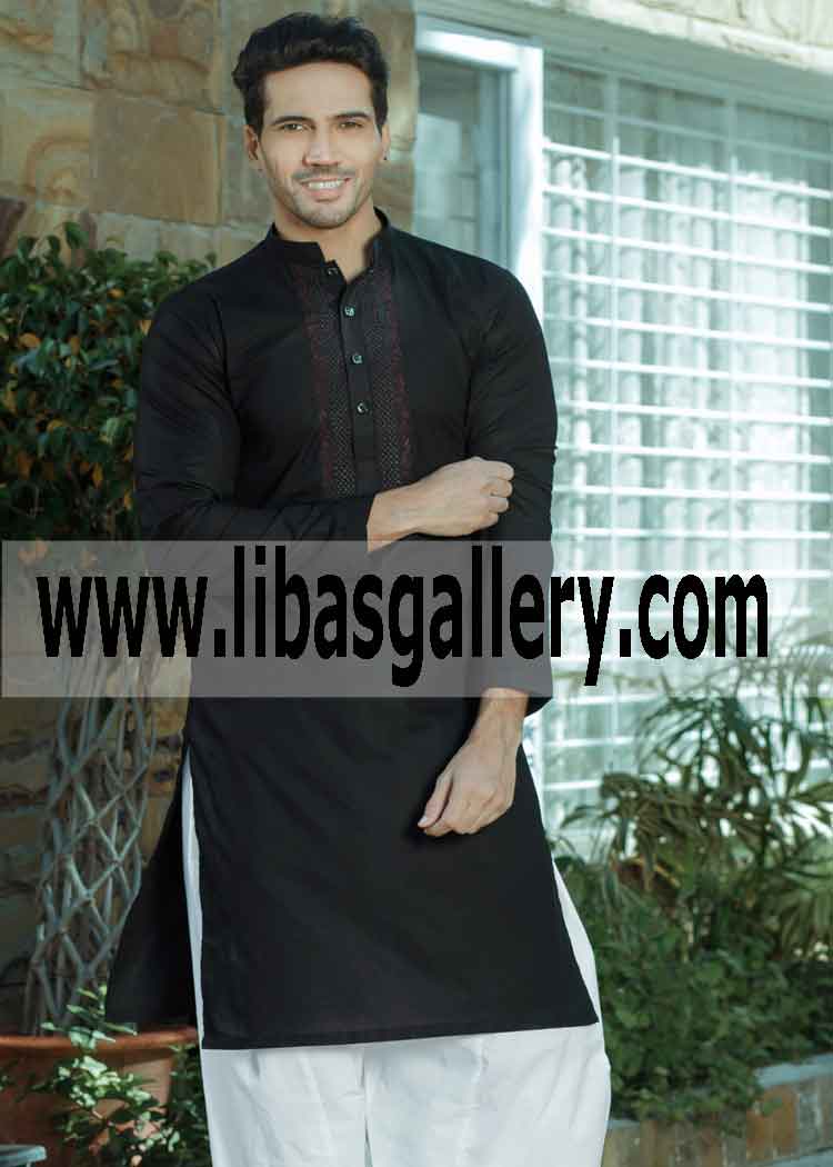 Brother going to attend dinner in susral wearing Black embroidered kurta white shalwar UK USA Canada Brother going to attend dinner in susral wearing Black embroidered kurta white shalwar UK USA Canada