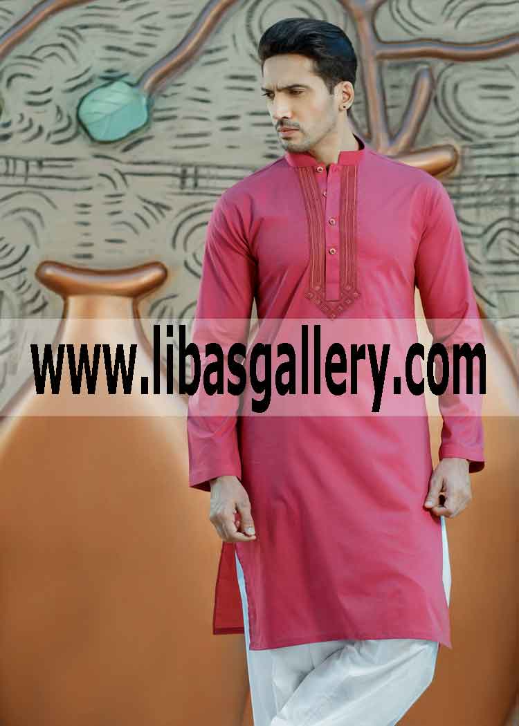 Pink Embroidered Kurta Men`s Wear