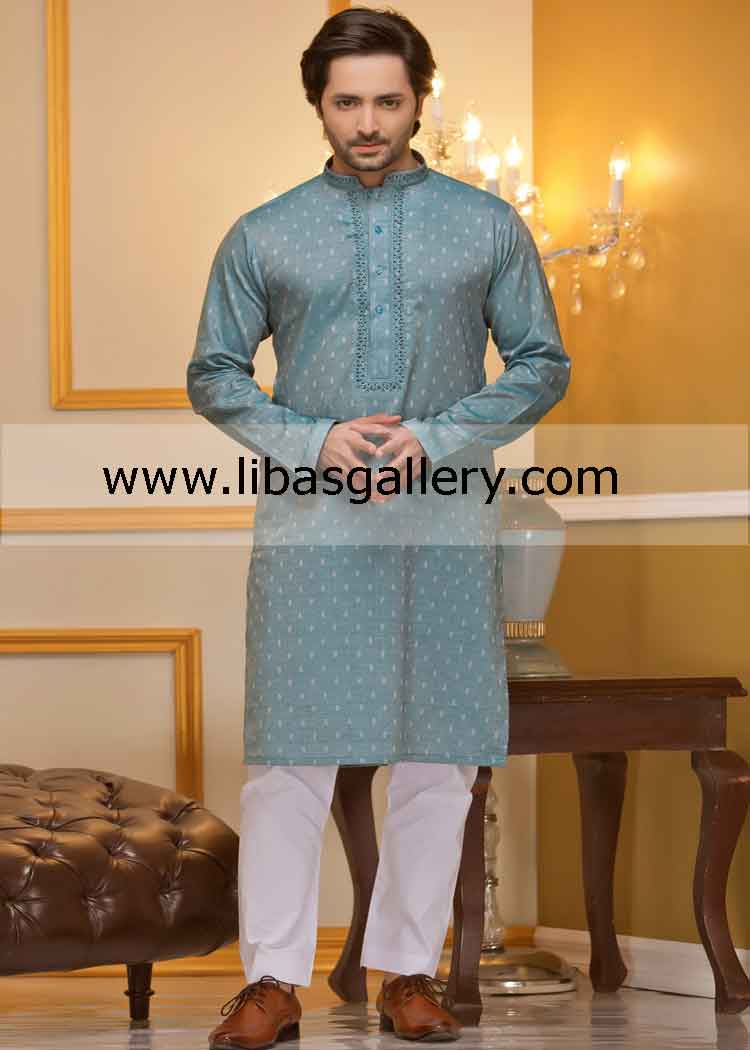 Romantic hero wearing classic men`s kurta pajama front embroidered collar Bradford Bristol UK