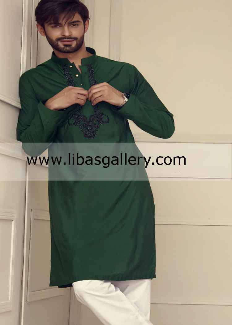 Dark Green Kurta with Black Embroidery