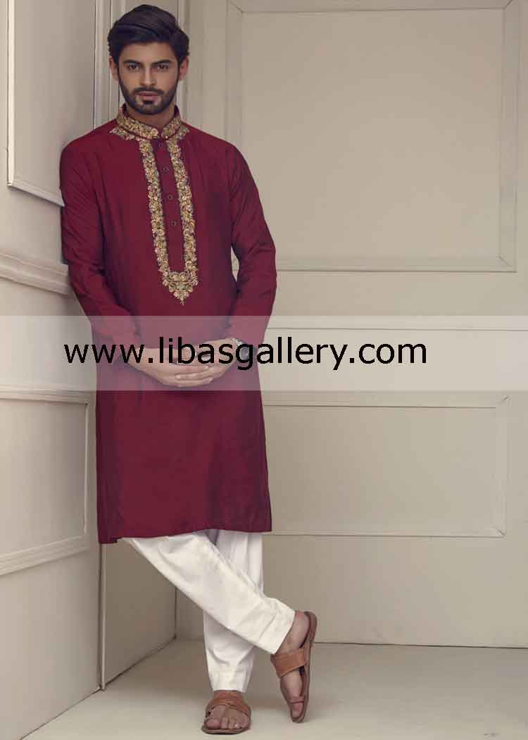 Maroon Embroidered Mens Kurta for Mehndi event