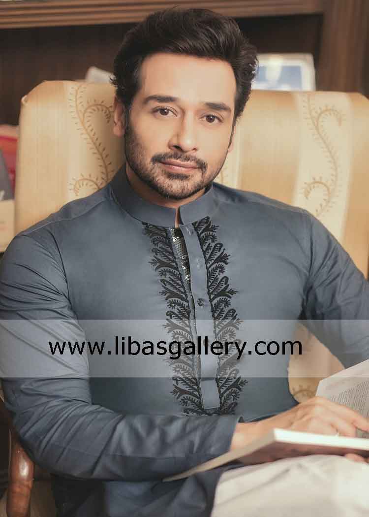 Traditional Pakistani Grey Embroidered Kurta 