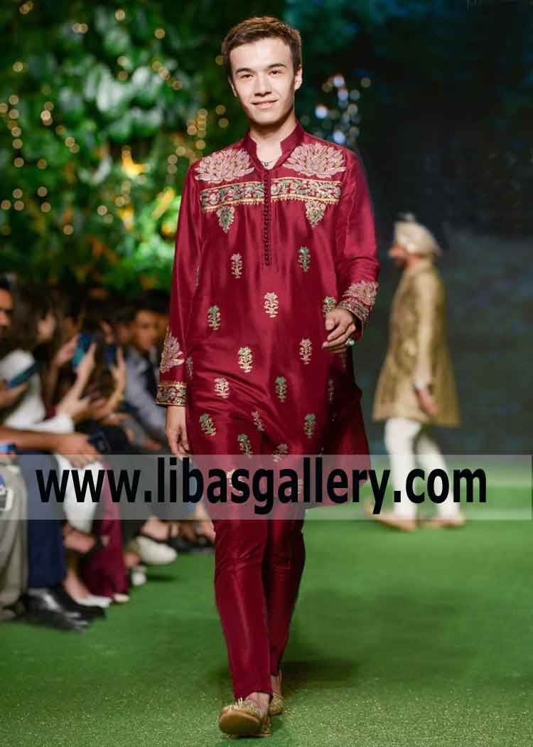 Happy Groom wearing embroidered Mehndi Kurta