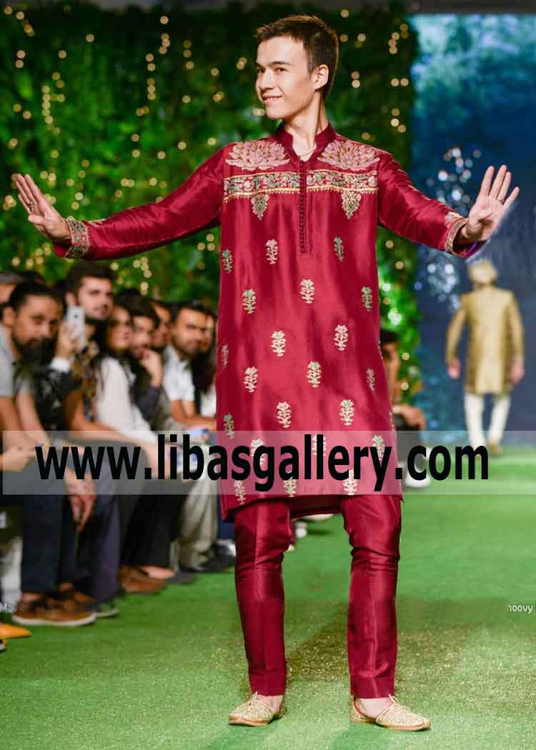 Happy Groom wearing embroidered Mehndi Kurta