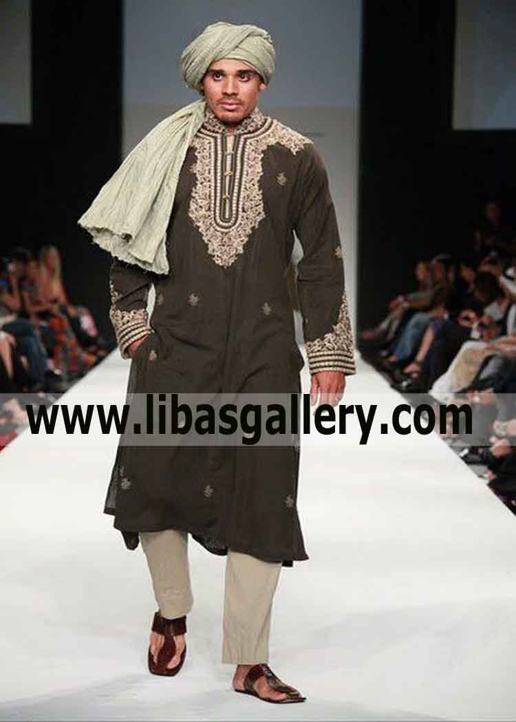 Gray Embroidered kurta for Mehndi and Nikah