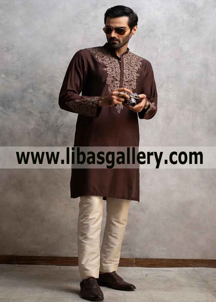 Brown Embroidered Short length kurta