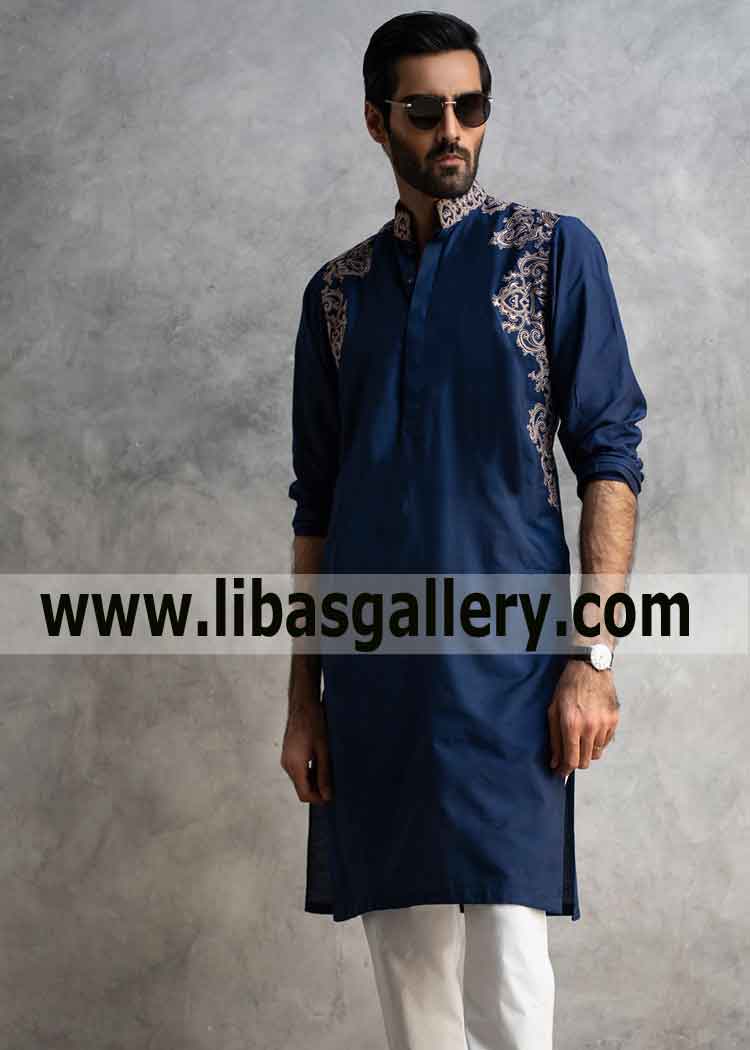 Royal Blue Kurta Fatastic Embroidery front sleeves