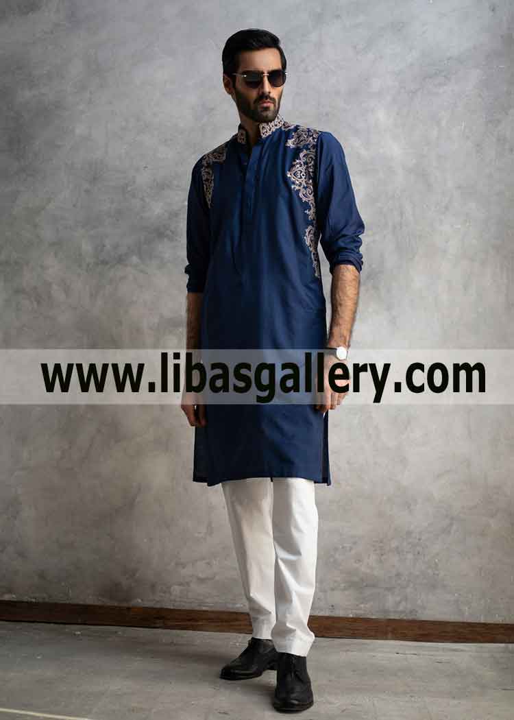 Royal Blue Kurta Fatastic Embroidery front sleeves