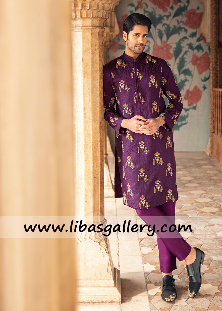 Purple Embroidered men kurta for mehndi and event