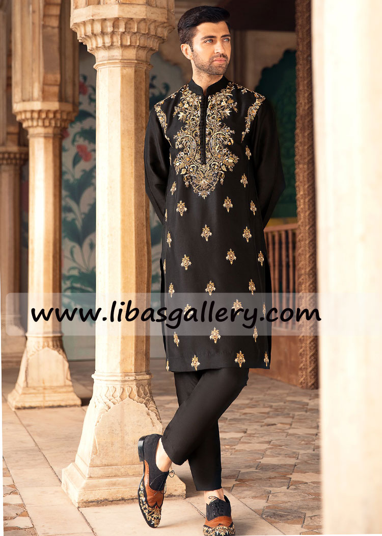 Black Embroidered Gents kurta for mehndi function