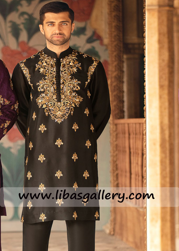 Black Embroidered Gents kurta for mehndi function
