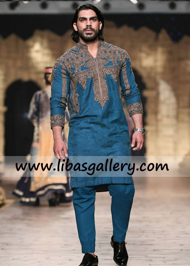 Eastern Blue Antique Embroidered Kurta for Mehndi