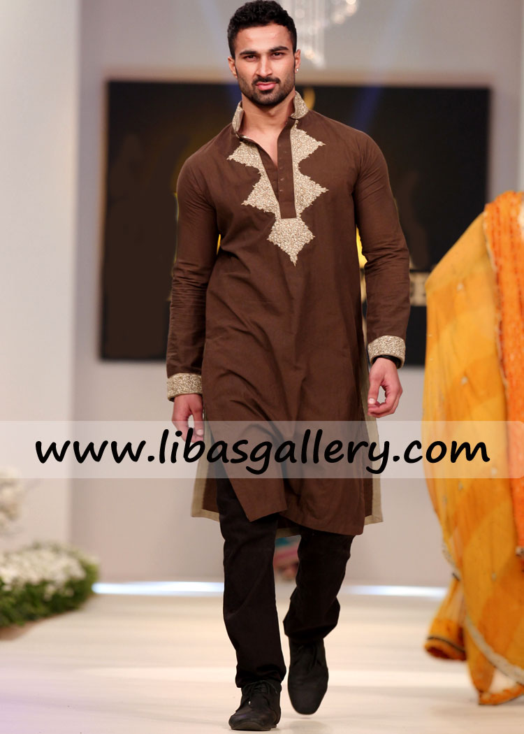 Brown Embroidered kurta for eid prayer and wedding work on collar front cuff with pajama london glasgow uk Brown Embroidered kurta for eid prayer and wedding work on collar front cuff with pajama london glasgow uk