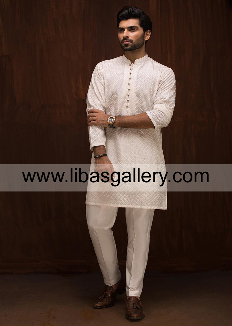 off white kurta pajama suit for young boys eid