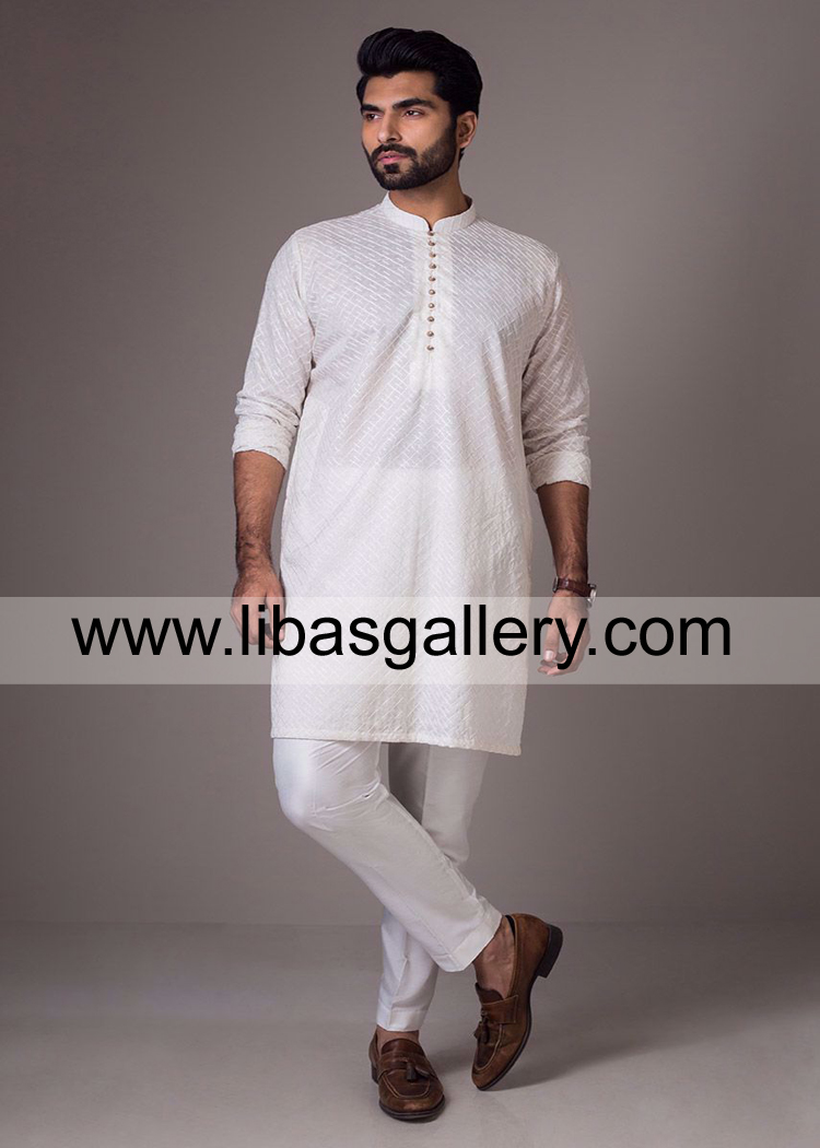 light shade chikan kurta pajama for family gathering